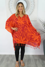 Load image into Gallery viewer, Vibrant Orange Rarotonga Floral Print Kaftan Top. One size fits all.