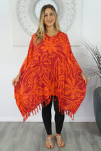 Load image into Gallery viewer, Vibrant Orange Rarotonga Floral Print Kaftan Top. One size fits all.