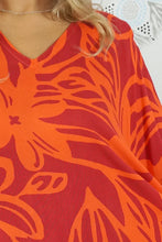 Load image into Gallery viewer, Vibrant Orange Rarotonga Floral Print Kaftan Top. One size fits all.