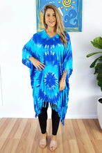 Load image into Gallery viewer, Vibrant Blue Tie Dye Kaftan Top. One Size Fits All.