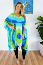 Load image into Gallery viewer, Vibrant Aqua/Green Tye Dye Kaftan Top. One Size Fits All.