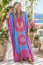 Load image into Gallery viewer, Sundrenched Tunisia Mandala Aqua & Pink Long Kaftan Dress. One Size Fits All.