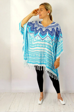 Load image into Gallery viewer, Kaftan Top In Bora Bora Blue & White. One Size Fits All.