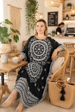 Load image into Gallery viewer, Sundrenched Tunisia Mandala Black & White Long Kaftan Dress With Bling - One Size Fits All