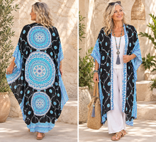 Load image into Gallery viewer, Long Black Aqua Mandala Sequined Cape/Kimono. Free Size