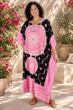 Load image into Gallery viewer, Sundrenched Tunisia Mandala Pink & Black Long Kaftan Dress. One Size Fits All.