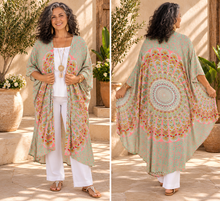 Load image into Gallery viewer, Long Olive & Pink Mandala Sequined Cape/Kimono. Free Size