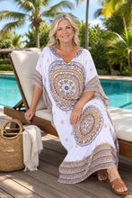 Load image into Gallery viewer, Sundrenched Tunisia Mandala White & Tan Long Kaftan Dress with Bling - One Size Fits All