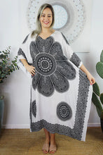 Load image into Gallery viewer, Sundrenched Crown Mandala white &amp; black kaftan with bling.  One Size Fits All.
