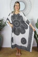 Load image into Gallery viewer, Sundrenched Crown Mandala White & Black Kaftan Dress With Bling. One Size Fits All.