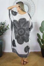 Load image into Gallery viewer, Sundrenched Crown Mandala White & Black Kaftan Dress With Bling. One Size Fits All.
