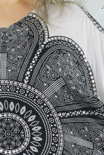 Load image into Gallery viewer, Sundrenched Crown Mandala White & Black Kaftan Dress With Bling. One Size Fits All.