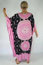 Load image into Gallery viewer, Sundrenched pink & black Tunisia Mandala long kaftan dress with bling. One Size Fits All.