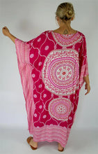 Load image into Gallery viewer, Sundrenched pink/white Mandala Tunisia long kaftan dress with bling. One Size Fits All.