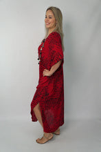 Load image into Gallery viewer, Festive Sundrenched Animal Red Long Kaftan Dress.  One size fits all.
