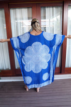 Load image into Gallery viewer, Sundrenched Crown Mandala Blue & White Long Kaftan Dress. One Size Fits All.