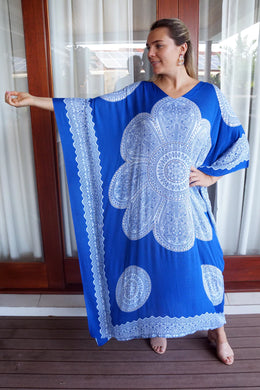 plus size crown mandala print blue & white long kaftan with bling