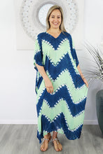 Load image into Gallery viewer, plus size tie dye navy & lime long kaftan