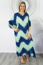 Load image into Gallery viewer, Sundrenched Culture Tie Dye lime & blue long kaftan. One Size Fits All.