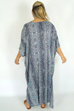 Load image into Gallery viewer, Sundrenched Papua Navy Long Kaftan Dress. One Size Fits All.