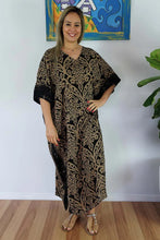 Load image into Gallery viewer, Sundrenched Pendant Print Brown &amp; Black Long Kaftan Dress.  One Size Fits All.
