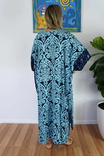 Load image into Gallery viewer, Sundrenched Pendant Print Sky Blue &amp; Navy Blue Long Kaftan Dress.  One Size Fits All.
