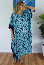Load image into Gallery viewer, Sundrenched Pendant Print Sky Blue & Navy Blue Long Kaftan Dress. One Size Fits All.