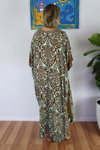 Load image into Gallery viewer, Sundrenched Pendant Print Brown &amp; Mint Long Kaftan Dress.  One Size Fits All.

