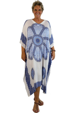 plus size crown mandala print white & blue long kaftan with bling 