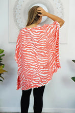 Load image into Gallery viewer, Coral Zebra print kaftan top with Pom Poms. One size fits all.