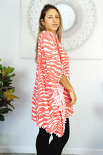 Load image into Gallery viewer, Coral Zebra print kaftan top with Pom Poms. One size fits all.