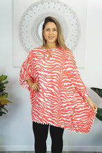 Load image into Gallery viewer, Coral Zebra print kaftan top with Pom Poms. One size fits all.