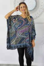 Load image into Gallery viewer, Retro Batik print mixed colours of Charcoal & purple kaftan top. One size fits all.