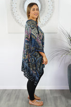 Load image into Gallery viewer, Retro Batik print mixed colours of Charcoal & purple kaftan top. One size fits all.