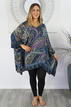 Load image into Gallery viewer, Retro Batik print mixed colours of Charcoal & purple kaftan top. One size fits all.