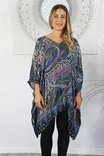 Load image into Gallery viewer, Retro Batik print mixed colours of Charcoal & purple kaftan top. One size fits all.