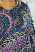 Load image into Gallery viewer, Retro Batik print mixed colours of Charcoal & purple kaftan top. One size fits all.