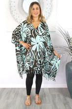 Load image into Gallery viewer, Vibrant Rarotonga dark chocolate & mint kaftan top. One size fits all.