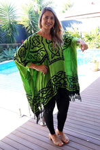 Load image into Gallery viewer, Vibrant Celtic print lime green &amp; black kaftan top.  One size fits all.
