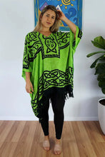Load image into Gallery viewer, Vibrant Celtic print lime green &amp; black kaftan top.  One size fits all.
