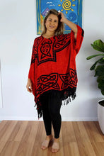 Load image into Gallery viewer, Vibrant Celtic print red & black kaftan top. One size fits all.