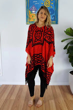 Load image into Gallery viewer, Vibrant Celtic print red &amp; black kaftan top.  One size fits all.

