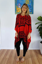 Load image into Gallery viewer, Vibrant Celtic print red & black kaftan top. One size fits all.