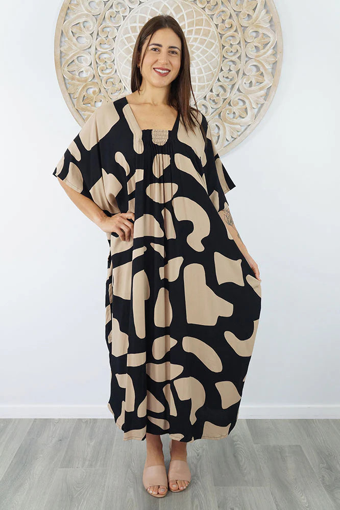 Sundrenched Bermuda Abstract Geo Black & Beige Long Kaftan Dress.  One Size Fits All.