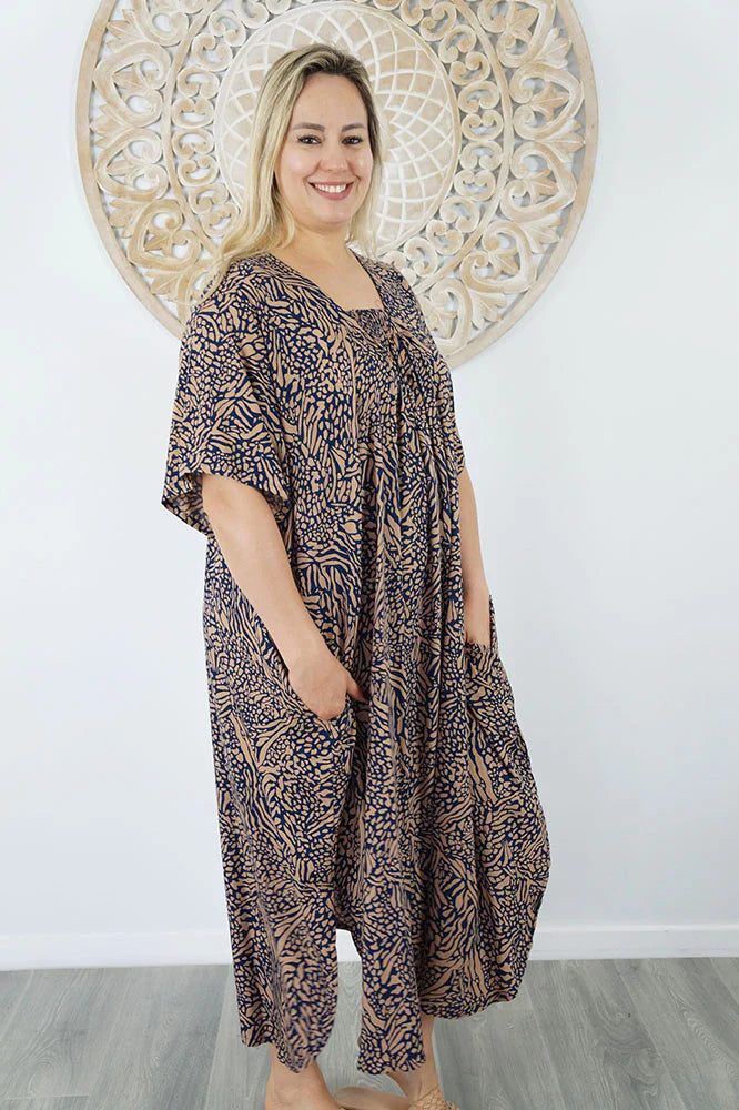 Sundrenched Bermuda Kerala Navy & Tan  Long Kaftan Dress.  One Size Fits All.