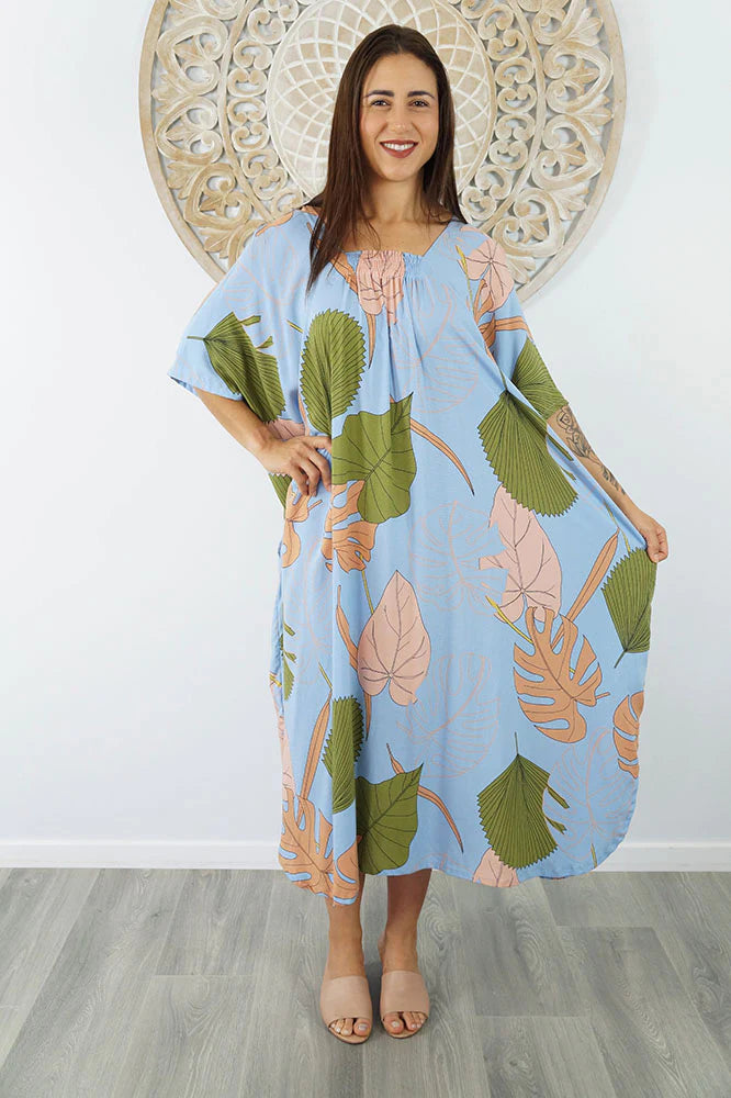 Sundrenched Bermuda Okinawa Blue Long Kaftan Dress.  One Size Fits All.