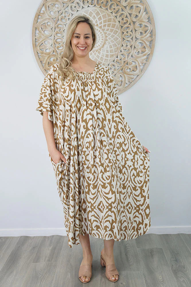 Sundrenched Bermuda Totem Sand Kaftan Dress.  One Size Fits All.
