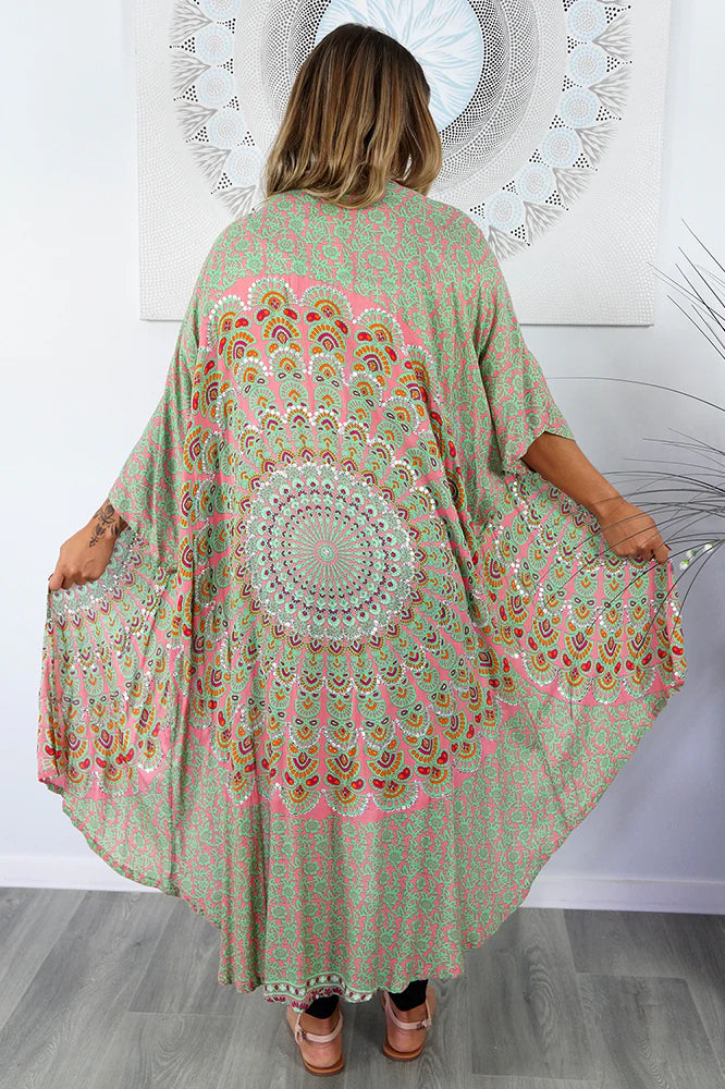 Long Olive & Pink Mandala Sequined Cape/Kimono.   Free Size