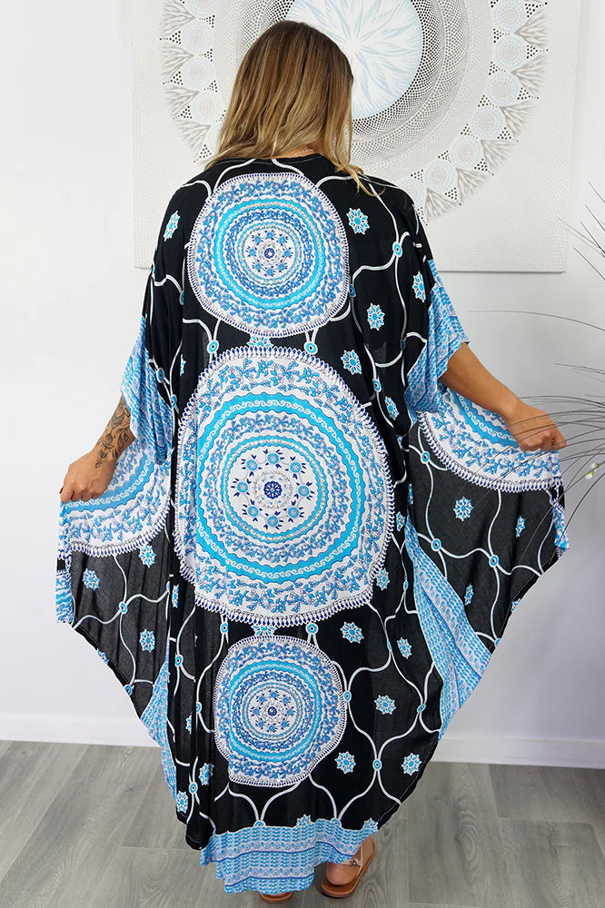 Long Black Aqua Mandala Sequined Cape/Kimono.   Free Size