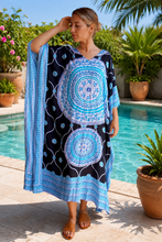 Load image into Gallery viewer, Sundrenched Aqua &amp; Black Tunisia Mandala long kaftan dress with bling.  One Size Fits All.

